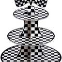 3-Tier Round Cardboard Cupcake Stand, Racing Car Theme Cardboard Cupcake Holder, Car Theme Dessert Display Stand Tower, Black and White Checkered Car Party Decorations Supplies