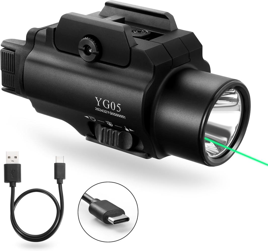 2500 High Lumens Pistol Laser Light Combo, Tactical LED Flashlight, Adjustable Picatinny Rail Mount Airsoft Handgun Green Laser Weapon Lights, Type-C Rechargeable SIG Gun Flashlights