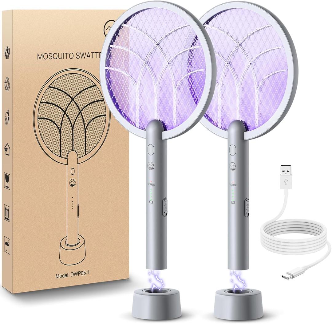 Electric Fly Swatter Racket, Mosiller 2 in 1 Smart Bug Zapper & Power Take Off Generators with USB Rechargeable Base, Powerful Mosquitoes Trap Lamp & Fly Killer for Home, Bedroom (Light Grey, 2 Pack)