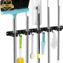 Black 5 Racks and 4 Hooks Mop and Broom Holder Wall Mount, Broom Organizer Storage Tool Racks Stainless Steel Heavy Duty Hooks Self Adhesive Solid Non-slip for Home Kitchen Garden Laundry Garage
