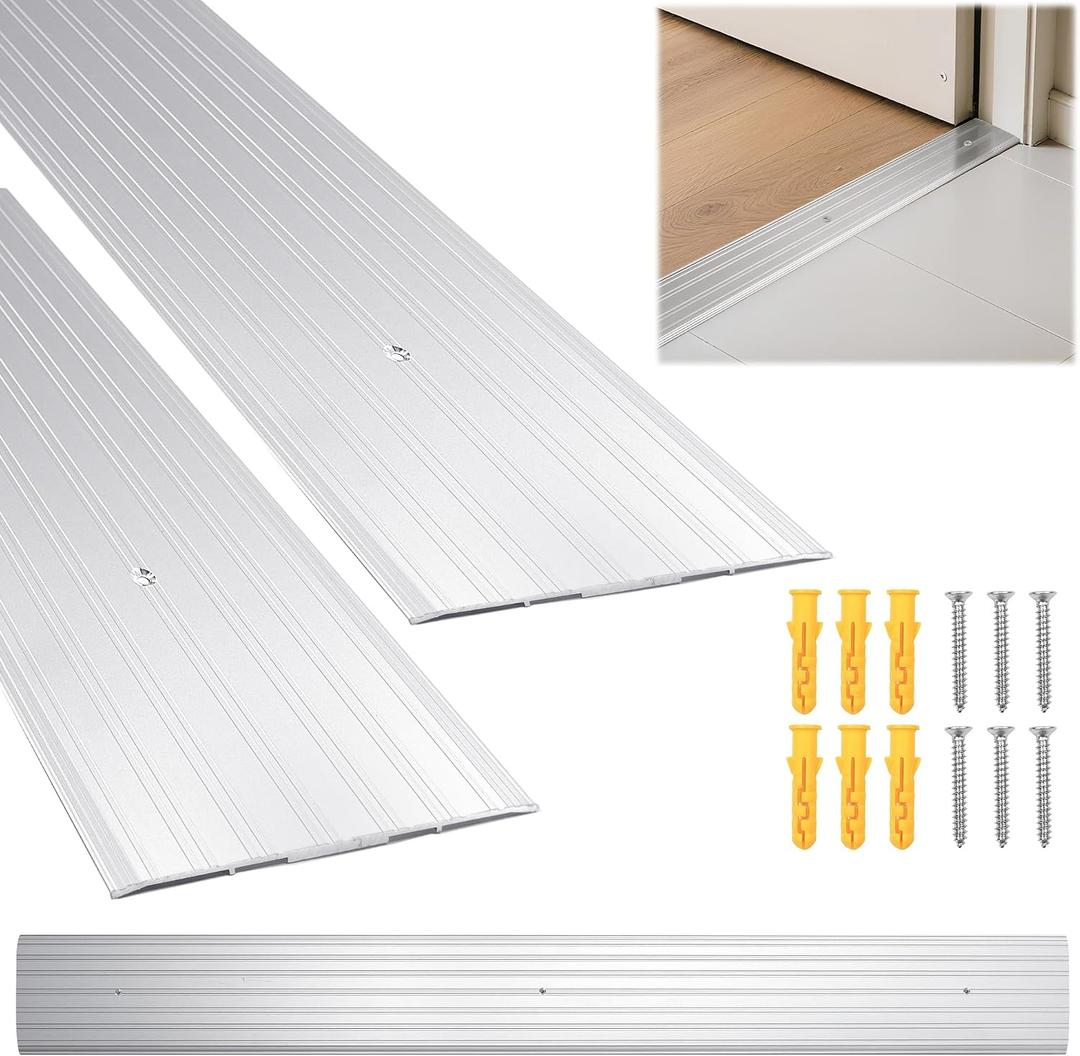 Aluminum Door Threshold - 36" L x 5" W 2PCS Exterior Door Threshold with Pre Drilled Holes and Expansion Screws, Non-slip Fluted Saddle Threshold Flat Profile Threshold, Prevent Dust & Airflow, Silver