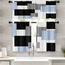 Sky Blue Kitchen Window Curtains Valance and Tier Set 36 Inch, Black Grey White Modern Rod Pocket Short Tier Curtain for Bathroom, Abstract Art Small Cafe Drapes for Decor, Size: 52"W x 36"L