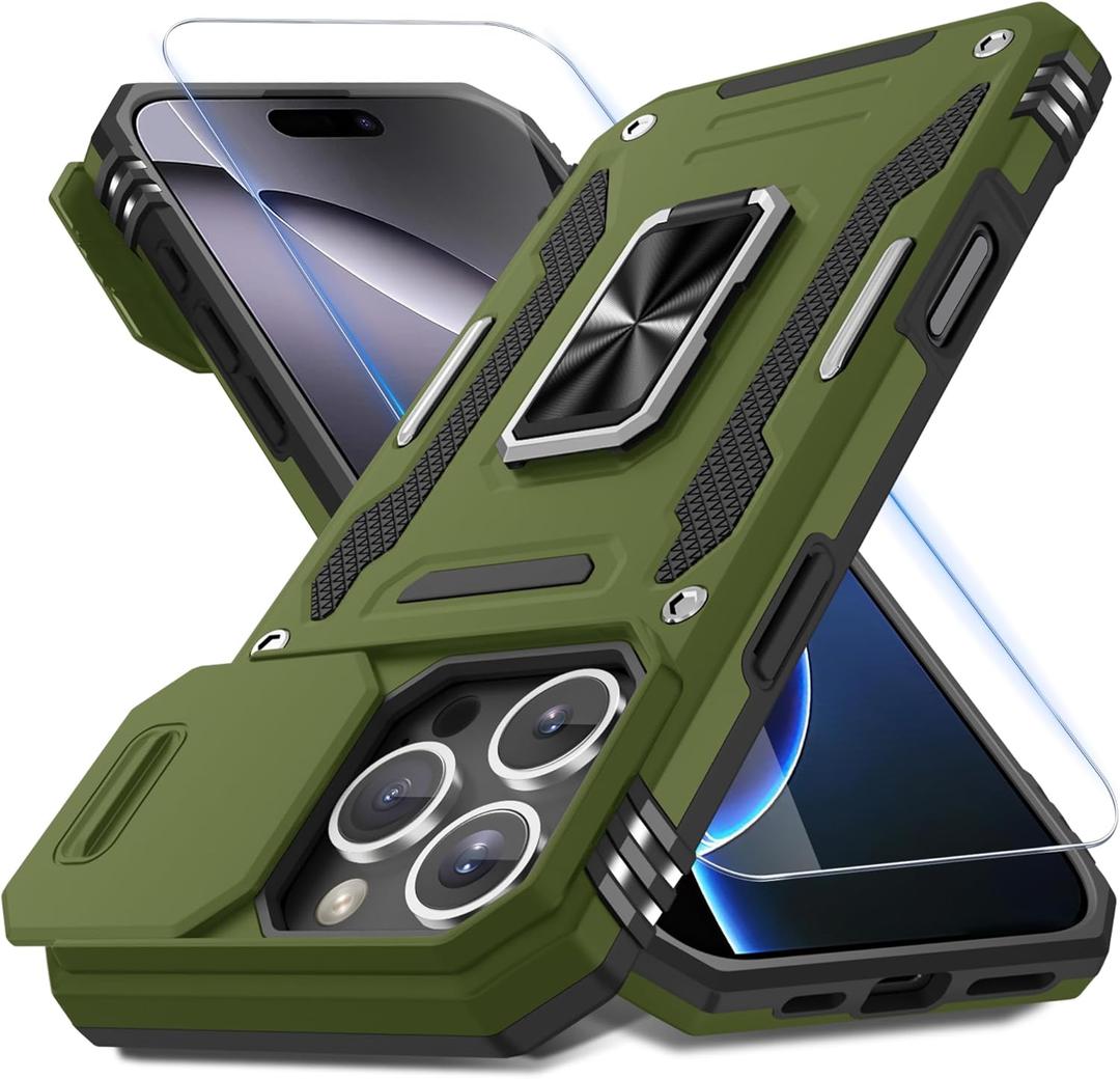 DEERLAMN Case for iPhone 16 Pro Max with Slide Camera Cover+Screen Protector (1 Pack), Rotated Ring Kickstand Military Grade Shockproof Protective Cover-Olive Green