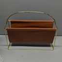 MyGift 15 Inch Mid Century Modern Magazine Holder with Brass Tone Metal Frame and Caramel Brown Leatherette Sling, Freestanding Storage Organizer Newspaper Rack