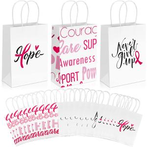 24 Pack Breast Cancer Awareness Bags Pink Ribbon Paper Bag Breast Cancer Gift Bag with Handle Faith Courage Hope Treat Bags for Breast Cancer Awareness Charity Theme Party Favor Supplies