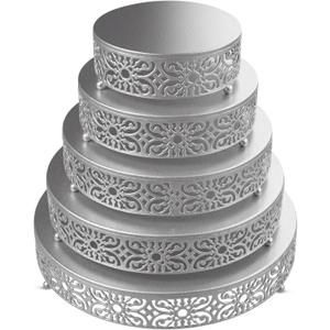 Wenqik 5 Pcs Metal Silver Cake Stand, 16/14/12/10/8 in Round Cake Holder