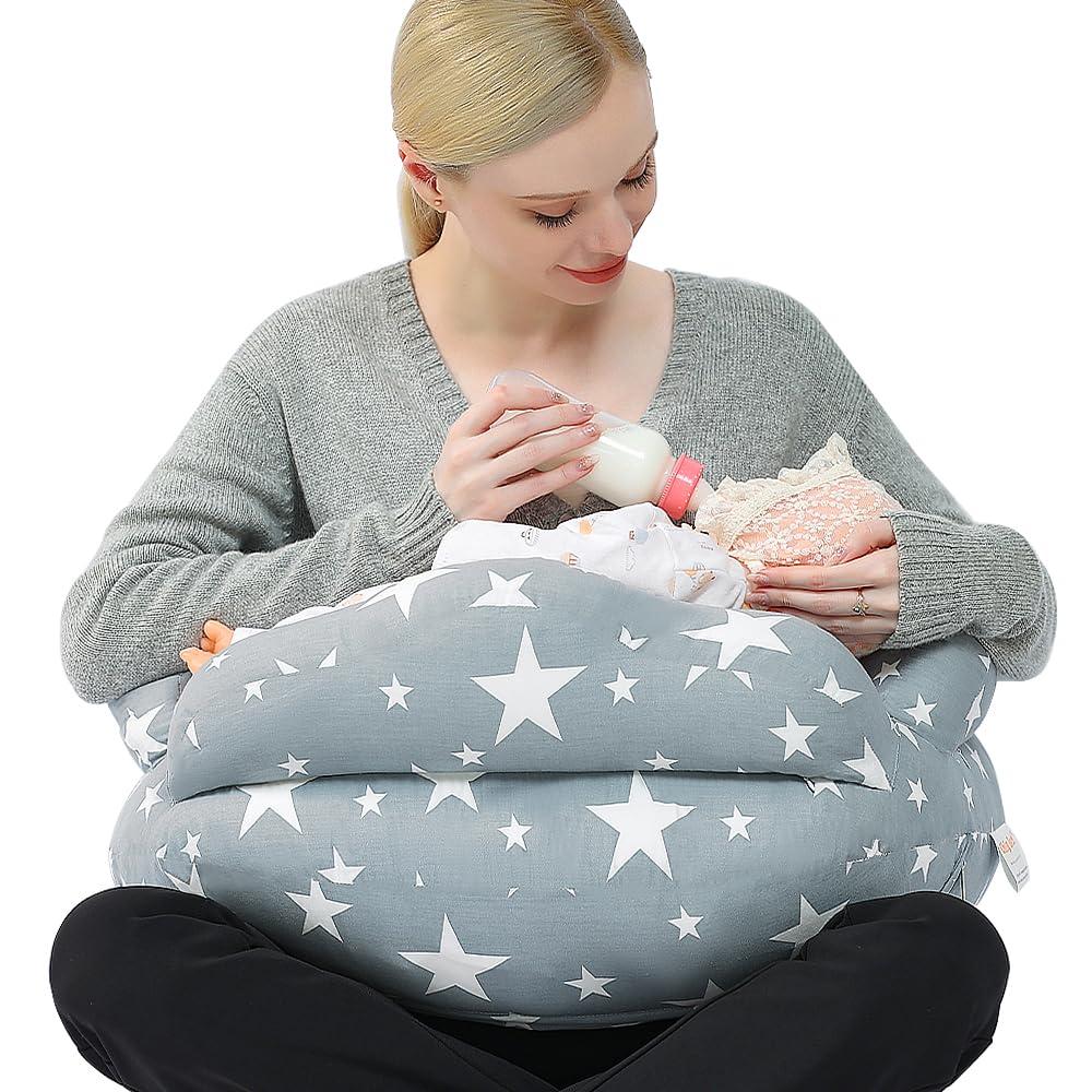 Chilling Home Nursing Pillow for Breastfeeding, Adjustable Nursing Pillow Breast Feeding Pillow Bottle Feeding, Breastfeeding Essentials for Newborn, Removable Cover (26*20*19.5 inch, Grey-with Safety Fence)