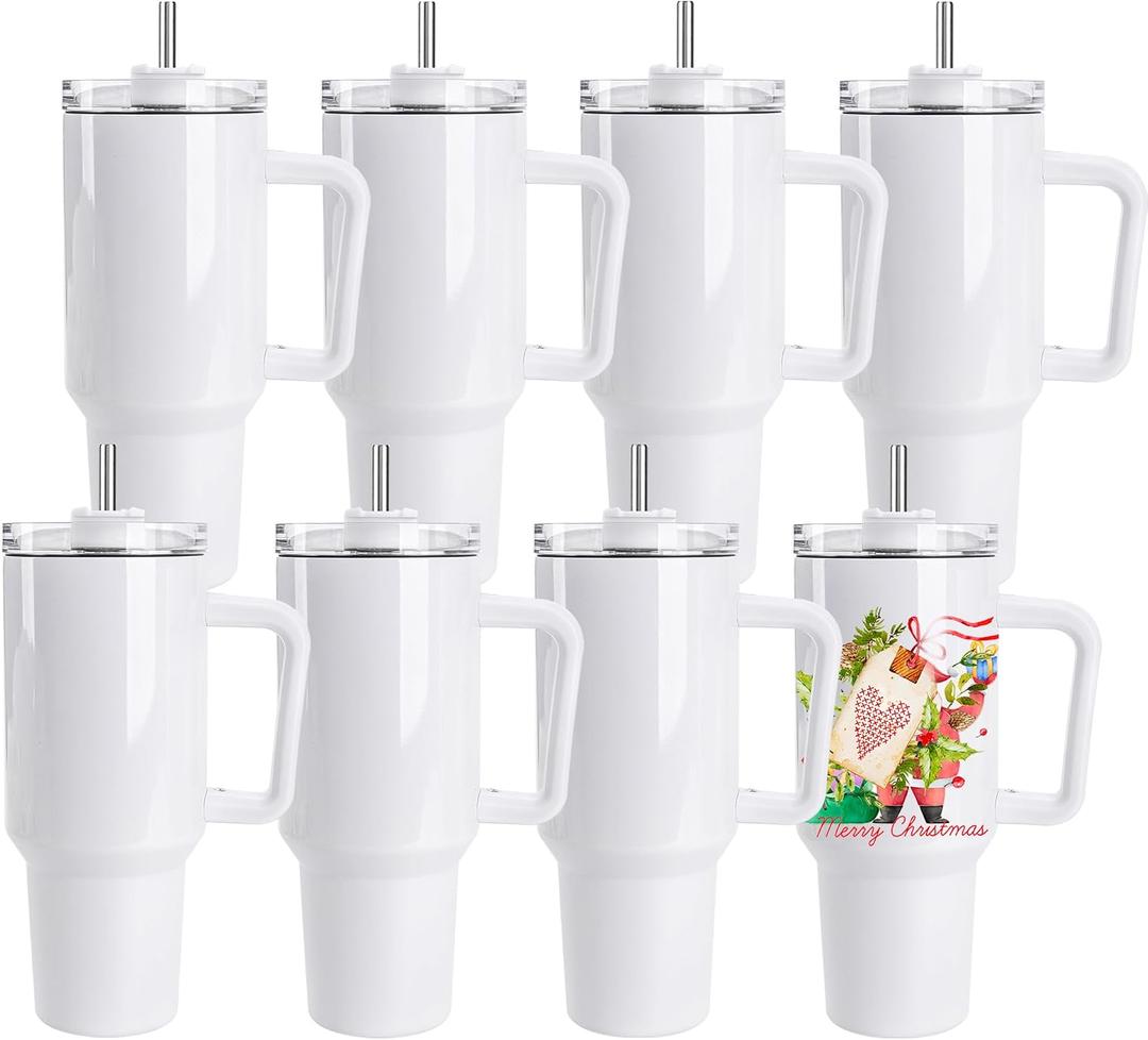 DS 8 Pack Sublimation Tumblers 40 OZ with Handle Blank Insulated Large Tumbler Bulk, Coffee Travel Cups Stainless Steel Travel Mug for Diy Craft Heat Press Print