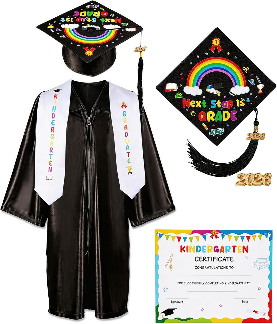Kindergarten Graduation Cap and Gown - Kids Cap and Gown with Stole and Certificate for 2026 Preschool Graduation (Black)