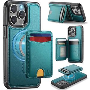 for iPhone 14 Pro Max Wallet Case Compatible with Magsafe, Magnetic RFID Blocking Card Holder Kickstand 2 in 1 Detachable Case for iPhone 14 Pro Max 6.7", Bluish Green