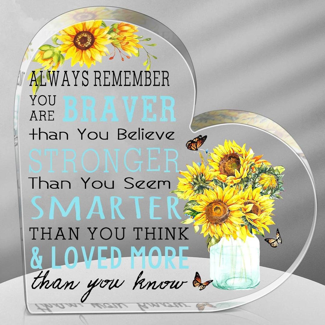 Yulejo Sunflower Gift for Women Sunflower Desk Decor Acrylic Inspirational Quote Keepsake Heart Decorative Sign Motivational Tabletop Office Decor for Mother Employee Teacher Friend, 5.9 x 5.9 Inch