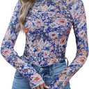 UNCOOYEE Women Floral Mesh Long Sleeve Going Out Thong Bodysuits Tops