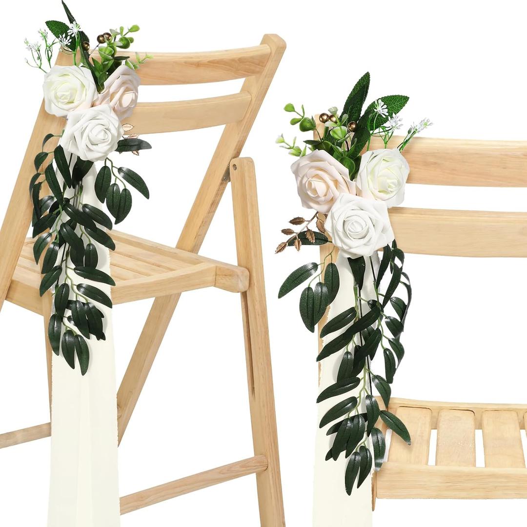 Hoteam 16 Pcs Wedding Aisle Decorations for Wedding Ceremony Pew Artificial Flowers Rose for Church Chair Back Floral with Eucalyptus Leaves and Ribbons Ceremony Party Decor(White)