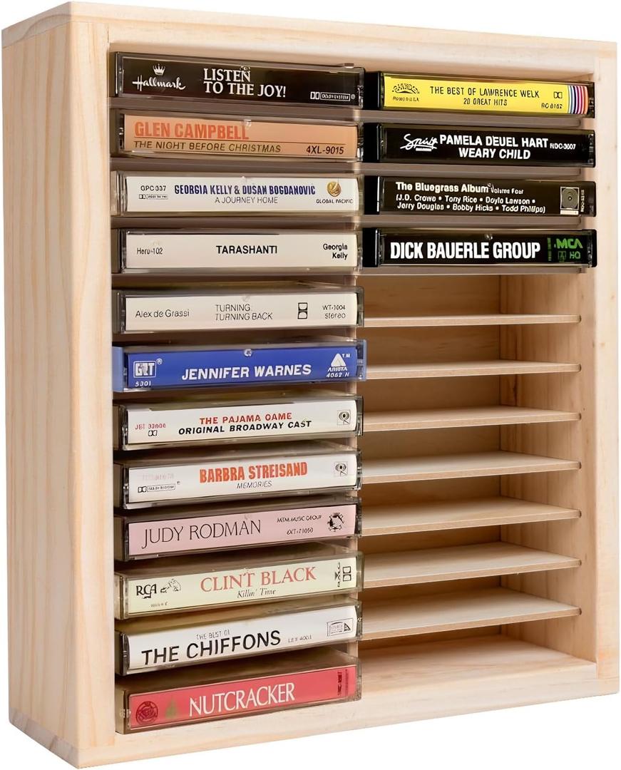 Cassette Tape Storage Rack, 24-slot Wood Cassette Tape Holder, Wall Mount or Freestanding Audio Cassette Organizer, Playing Card Storage, Unfinished Pine