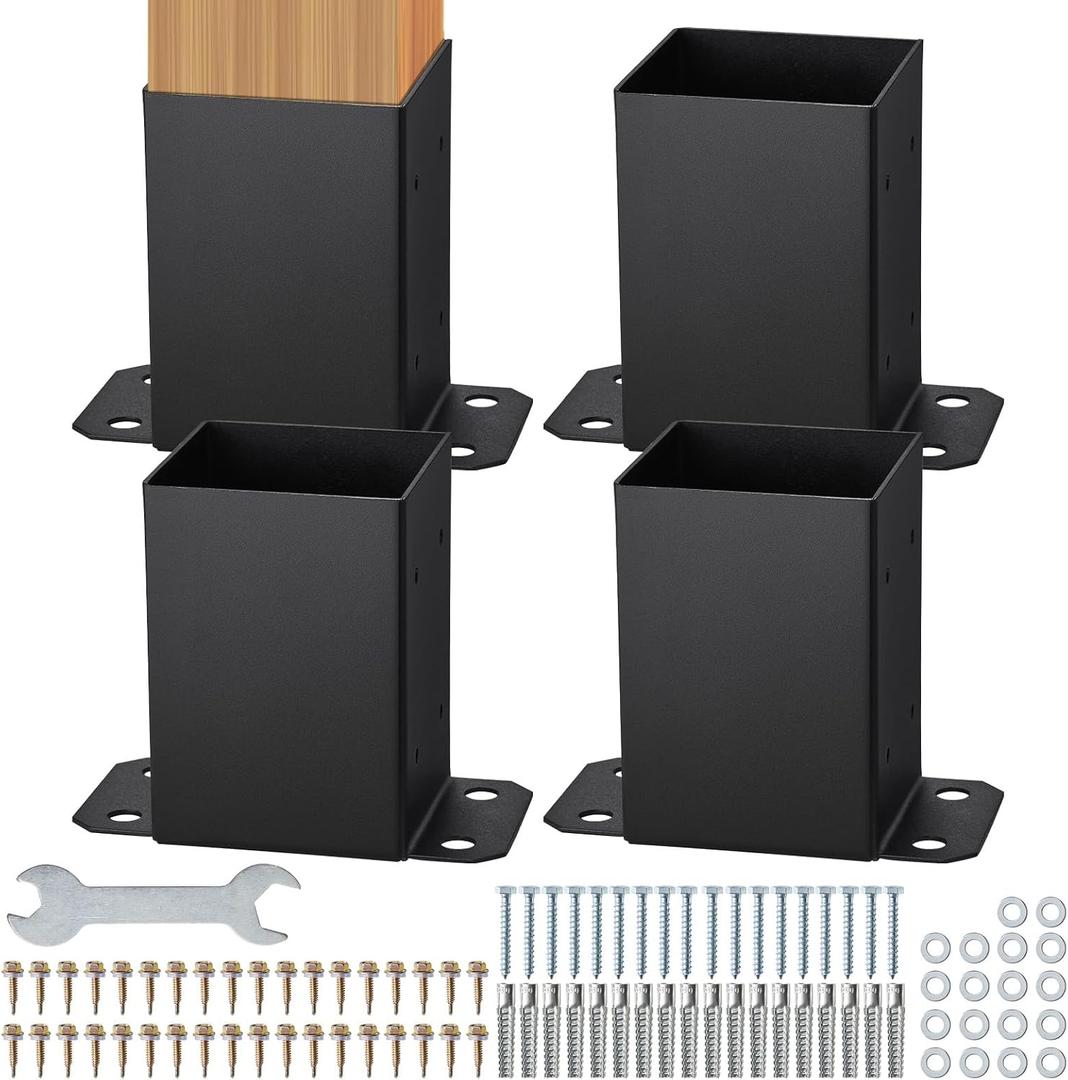 VEVOR 4x4 Post Bracket, 4PC Post Base Brackets, Inner Size 3.6"x3.6" Heavy Duty Powder-Coated Post Anchor Matte Black Wood Post Brackets for Pavilion Deck Railing Support Deck Base Plate