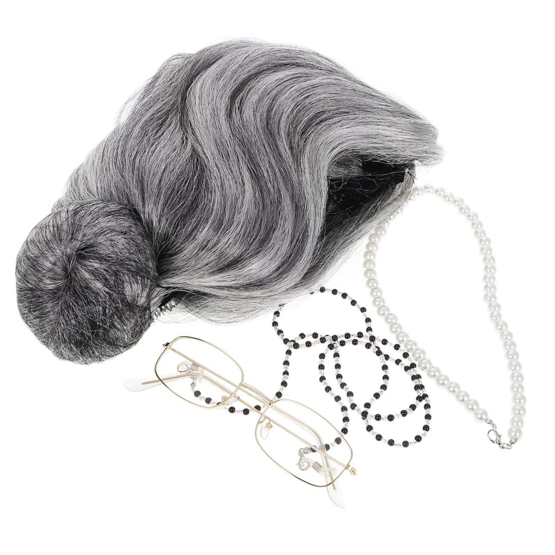 Old Lady Cosplay Set Wig Glasses Necklace and Eyeglass Chain for Halloween Costume Parties and Stage