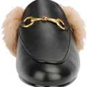 Arqa Fur Mules for Women Comfortable Leather Buckle Mule Flats Furry Padded Backless Loafers Casual Slides Shoes (Black Fur, US 11)
