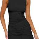 HOCILLE Women's Sexy Bodycon Boat Neck Mini Dresses Sleeveless Ruched Ruffle Hem Club Party Short Dress M