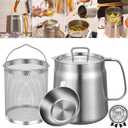 2-in-1 304 Stainless Steel Multifunctional Deep Fryer Pot with Basket & Strainer, Large Capacity Oil Filter Pot, Bacon Grease Container with Steel Pour for Kitchen, Camping, Cooking (68oz/2L)