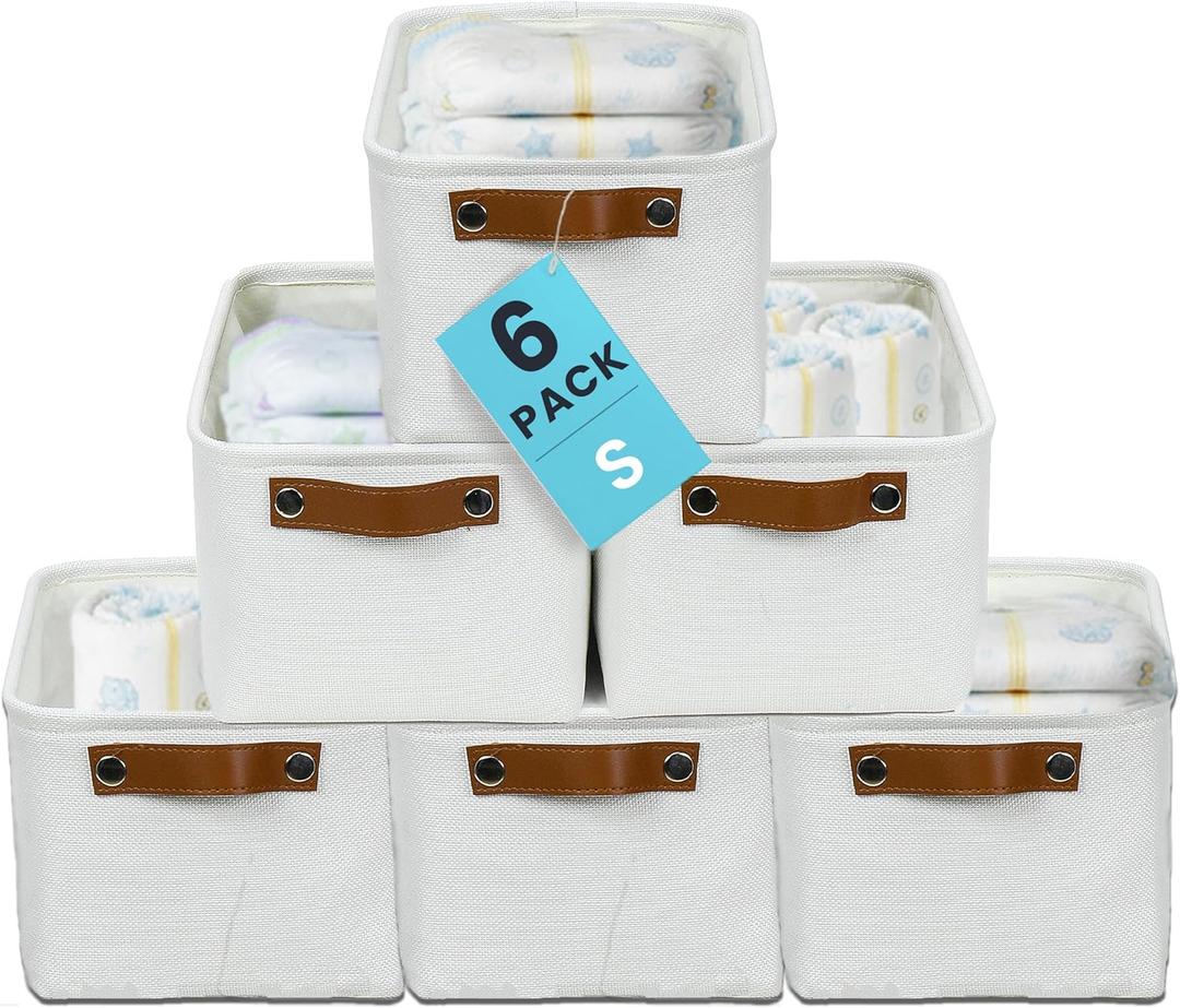 OrganiHaus Small Fabric Storage Baskets for Shelves 6 Pack, 12x8in Closet Storage Bins for Shelves, Cloth Baskets for Organizing, Linen Closet Organizers, Fabric Basket, White Basket (Full Off-White)