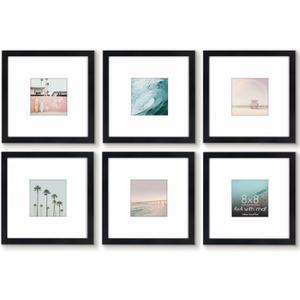 Americanflat 8x8 Picture Frame with Shatter-Resistant Glass - Set of 6 - Use as 4x4 Frame with Mat or Display 8x8 Photo Without Mat - Galleria Collection - Square Frames for Tabletop and Wall - Black