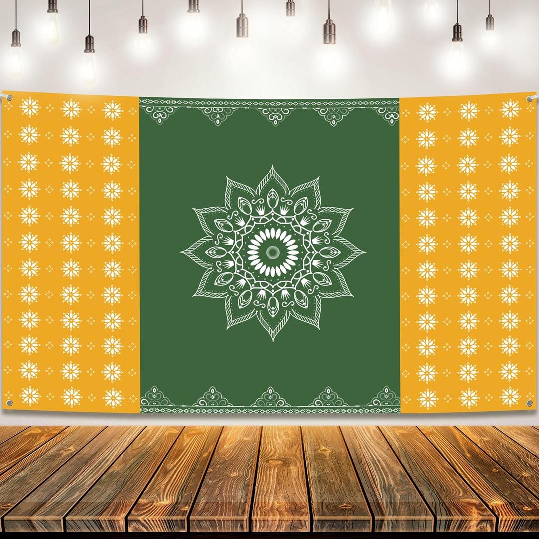 KatchOn, Xtralarge Indian Traditional Backdrop - 7.5X5 Feet | Maha Shivaratri Backdrop | Indian Photo Backdrop for Haldi, Wedding, House Warming, Ugadi, Rama Navami | Annaprasana Decoration Backdrop (Orange and green)