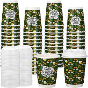 80 Pack St. Patrick's Day Disposable Coffee Cups with Lids 12oz Hot Cold Green Shamrock Paper Drinking Cups for Irish Holiday Spring Party Supplies