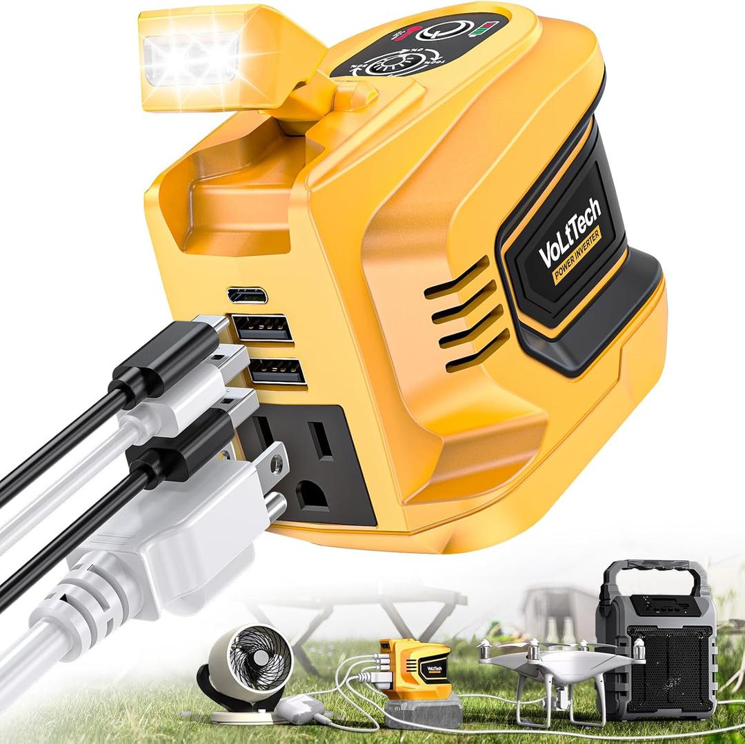 Real 200W Power Inverter Compatible with Dewalt 20V, VoLtTech Battery Inverter 20V to 110V-120V, Phone Charger USB Charger Adapter Power Adapter with 2 USB Ports & 1 Type-C & 1 AC Outlet (No Battery)