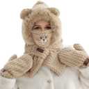 Women's 4 in1 Faux Fur Hooded Beanie Hat Scarf Gloves Set Thick Bear Ear Beanies Cap Soft Knit Hats (XL)