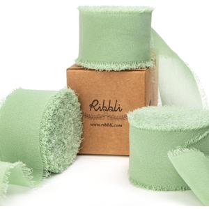 Ribbli Sage Green Chiffon Ribbon 1-1/2 inch x 30 Yard Handmade Fringe Chiffon Sage Silk Ribbon,Sage Ribbon for Wedding Invitations, Bridal Bouquets Wrapping, Flower Arrangement Decoration