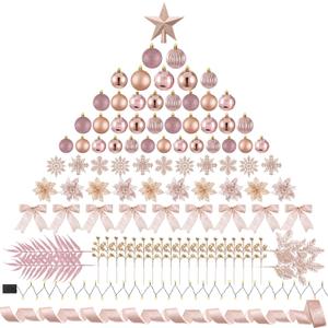 Poen 108 Pcs Christmas Tree Ornament Set Including Xmas Tree Ball Glitter Poinsettia Bows Berries Stems Leaves Snowflakes Ribbon Lights for Christmas Decoration (Rose Gold)