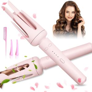 Auto Hair Curler with 3 Temperature Settings, Automatic Curling Iron for Long Hair with Anti-Scald, Anti-Tangle Rotating Curling Wand for Hair Styling, Pink