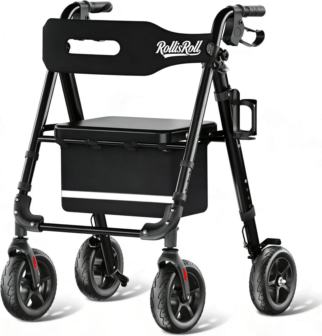 Walkers for Seniors Taller 5.3~7ft, Lightweight Foldable Rollator Walker, Built in Cable, Reinforced Aluminum Frame, 8" Big Rubber Wheels for All Terrain, 350lb Weight Capacity, Black