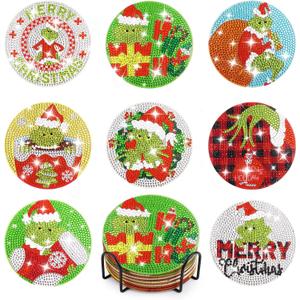 Bekrgwiy Christmas Diamond Art Coasters,8 Pcs Diamond Painting Coasters with Holder,DIY Christmas Coaster with Cork Pads for Tabletop Protection,Holiday Decor Gifts