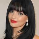 FANCEE Layered Wigs with Bangs 14 Inch Short Black Glueless Ready-to-Go Straight Synthetic Bob Wigs for Women Realistic Scalp Daily Cosplay Use