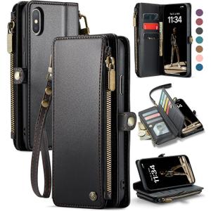 Defencase Compatible with iPhone Xs MAX Case Wallet with RFID Blocking Card Holder for Women Men, Fashion PU Leather Magnetic Snap Flip Zipper Strap Wallet Phone Case Fit for iPhone Xs MAX, Black