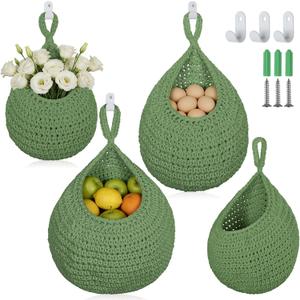 3 Pack Boho Hanging Fruit Baskets,Woven Cotton Teardrop Wall Baskets,Green | Hanging Baskets for Kitchen Organizing,Produce Holder with Metal Hooks,Wall Fruit Vegetable Potato Onion Storage,3 Sizes