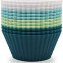 Silicone Baking Muffin Cups 12 Pack, Reusable Cupcake Liners Cake Molds, BPA Free, Dishwasher Safe(White, Green, Navy, Dusty Blue) (Standard, Neutral Colors)