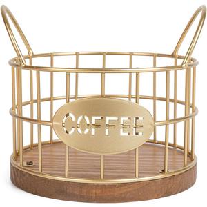 Coffee Pods Holder for Countertop, K Cup Holder Organizer, Sturdy Kcup Storage Basket with Wooden Base , Pod Container For Kitchen Bar Counter Office Desktop (Gold)