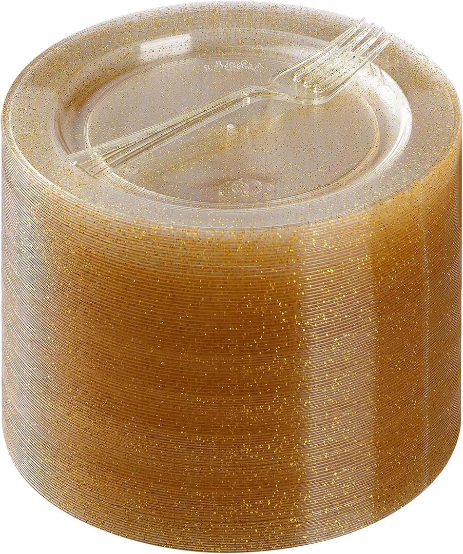 Goodluck 240 Plastic Dessert Plates 6.3" with Forks 5.7" for 120 Guests, Gold Glitter Disposable Plates, Heavy Duty Plastic Plates for Party, Appetizer Plate for Thanksgiving, Birthday and Christmas