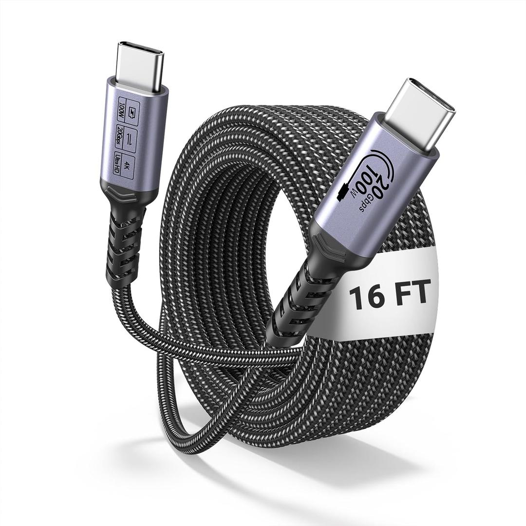 USB C Cable 16ft, 100W Long USB C 3.1 Gen 2 Cable, 20Gbps High Speed Data Transfer, 4K Video Monitor Compatible with iPhone 16/15, MacBook Air/Pro, Samsung Galaxy