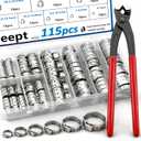 115Pcs 10-Sizes 304 Stainless Steel Single Ear Hose Clamps with Ear clamp plier 6-28.6mm Crimp Hose Clamps Assortment Kit for Auto/Home Appliance/Pipe/Fuel Line Stepless hose clamp with pincer (Silver)