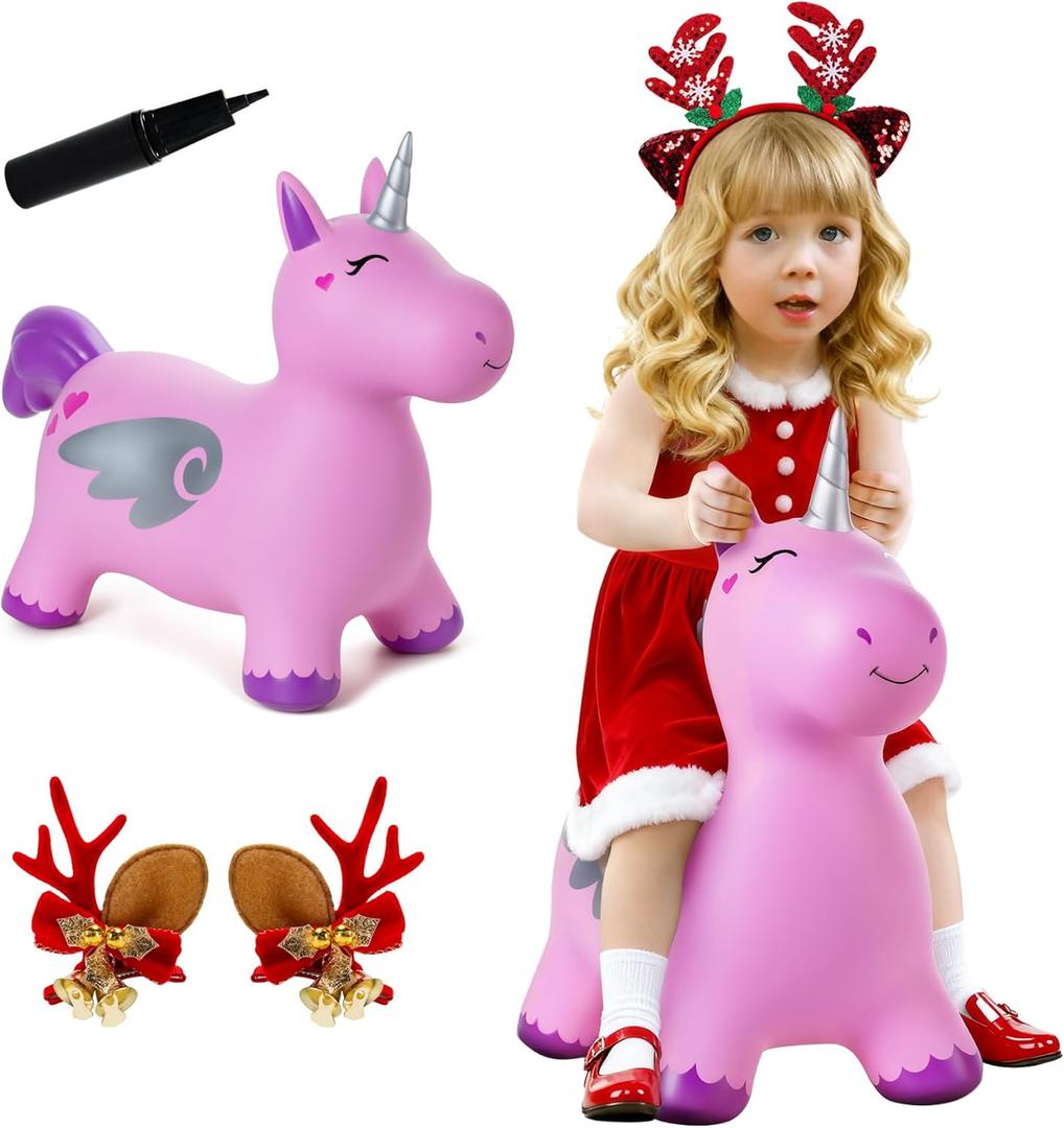 ZOOJOY Unicorn Bouncy Hopper, Inflatable Bouncy Horse Hopping Toys for Toddlers 1-3, Indoor Outdoor Bounce and Ride On Bouncer Boys Girls, Birthday with Free Christmas Accessories