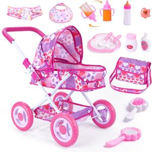 BABESIDE Baby Doll Stroller Set for 1012 Inch Dolls Only, 10-Piece Doll Stroller with Feeding & Care Accessories, 18-Inch Handle Height, Pretend Play Toy for Girls (Doll Not Included)
