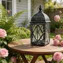 Vintage Metal Candle Lantern with Glass 17in Distressed Blue Rustic Large Farmhouse Hanging Candle Holder Lanterns for Indoor & Outdoor Front Porch Table Centerpiece Decor, Black