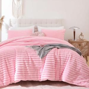 Smoofy Fluffy Queen Comforter Set 3 Pieces - Pink Fleece Fluffy Comforter Set, Luxury Fuzzy Queen Bedding Set, Soft Warm Bed Set All Season, Heavy Faux Fur Comforter with 2 Pillow Cases