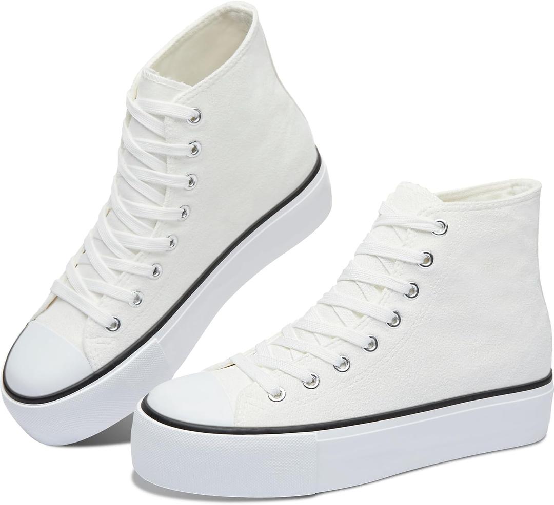 ALTOCIS Women's Comfortable Platform High Top Sneakers, Casual Mid Top Sneaker for Women, Cute Faux Suede Fashion Sneakers, Classic Lace Up Walking Shoes (6, White)