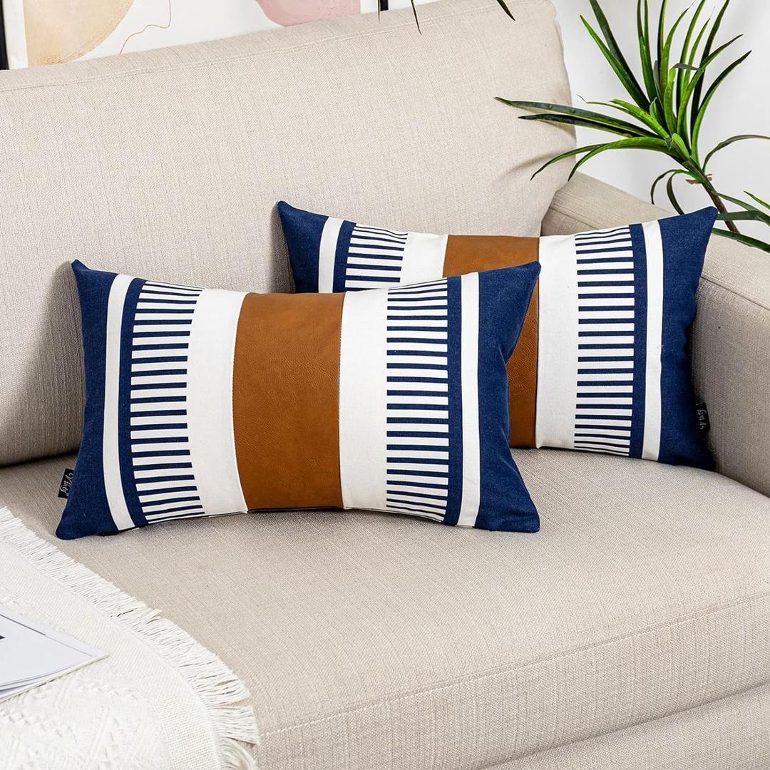 Set of 2 Navy Blue and White Stripe Throw Lumbar Pillow Covers 12x20 inch, Faux Leather Modern Accent Boho Cushion Cover for Couch Living Room Bedroom
