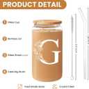 SANDJEST Monogrammed Gifts for Women - Monogram G Initial Glass Cup 16 Oz Can Coffee Cups with Lid and Straw - Monogram Initials Gifts for Womens on Birthday