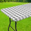 Smiry Rectangle Picnic Table Cloth, Elastic Waterproof Fitted Vinyl Tablecloths, Flannel Backed Buffalo Plaid Table Covers for Dining, Camping, Outdoor (White and Grey, 30" x 60")